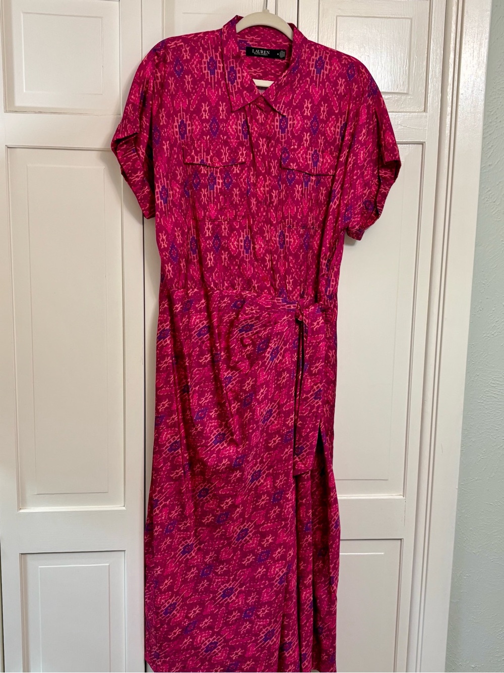 Lauren Ralph Lauren Fuchsia Pink Printed Maxi Shirt Dress Belt Size 18